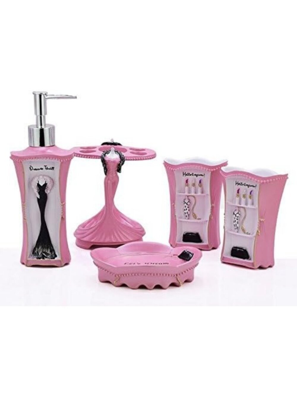 5-Piece Pink Bathroom Accessories Set - Soap Dispenser, Toothbrush Holder & More